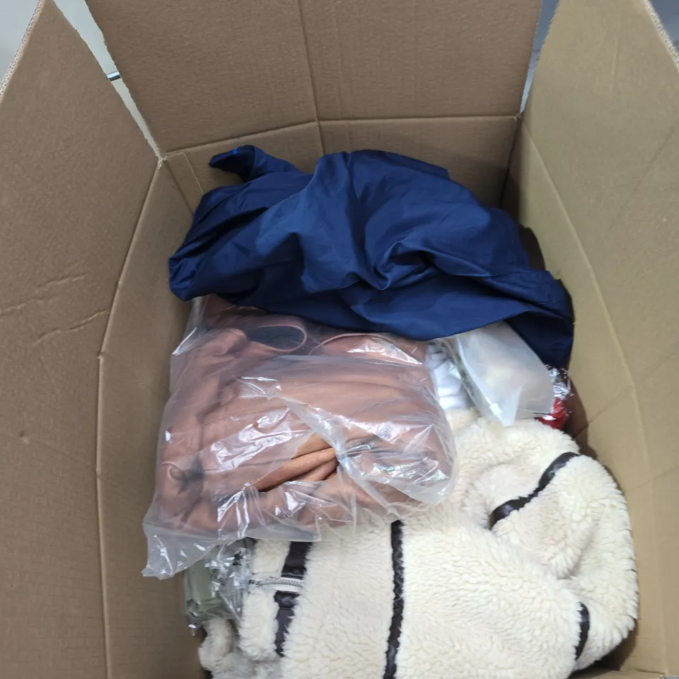 BOX OF APPROXIMATELY 12 ASSORTED CLOTHING ITEMS TO INCLUDE: WOMEN'S SMART PANTS AND SOCKS