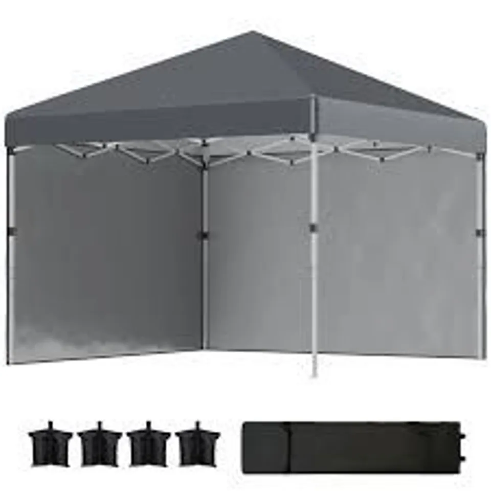 BOXED OUTSUNNY 3 X 3 (M) POP UP GAZEBO, UPF 30+ WITH 2 SIDEWALLS, LEG WEIGHT BAGS AND WHEELED BAG, HEIGHT ADJUSTABLE PARTY TENT EVENT SHELTER FOR GARDEN, PATIO, DARK GREY