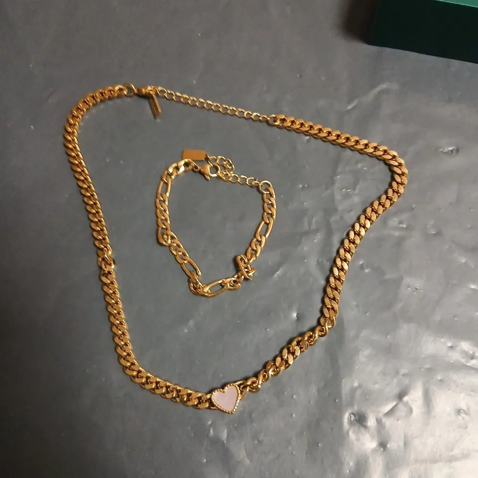 BELLAUCCI GOLD-TONE HEART PENDANT NECKLACE & BRACELET SET – PINK ENAMEL HEARTS 