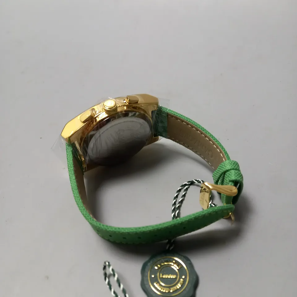 GAMAGES RETRO CALIBRE GOLD GREEN WATCH 