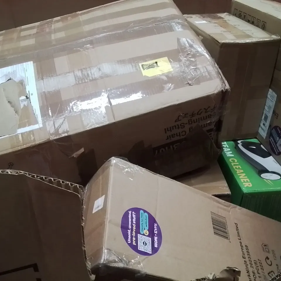 PALLET OF ASSORTED HOUSEHOLD GOODS AND PRODUCTS TO INCLUDE;STEAM CLEANER,VIBRATION PLATE,GAMING CHAIR