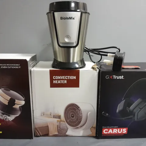 BOX OF APPROXIMATELY 10 ASSORTED ITEMS TO INCLUDE - GXTRUST HEADPHONES , CONVECTION HEATER , HAIR TRIMMER ETC