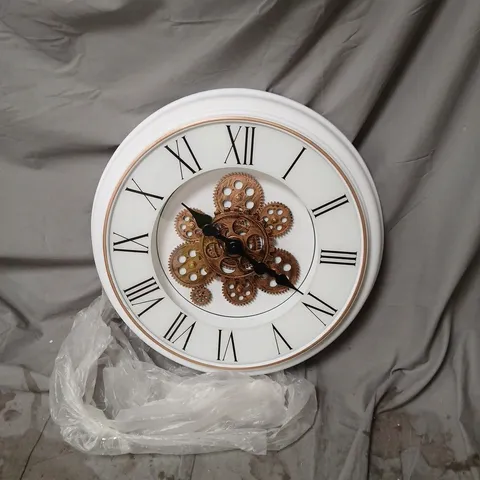 WHITE WALL CLOCK WITH EXPOSED COPPER GEARS – SKELETON DESIGN