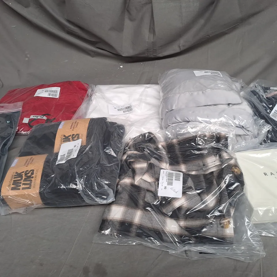 BOX OF ASSORTED CLOTHING ITEMS TOO INCLUDE COATS , TOPS, AND TROUSERS   ETC. 