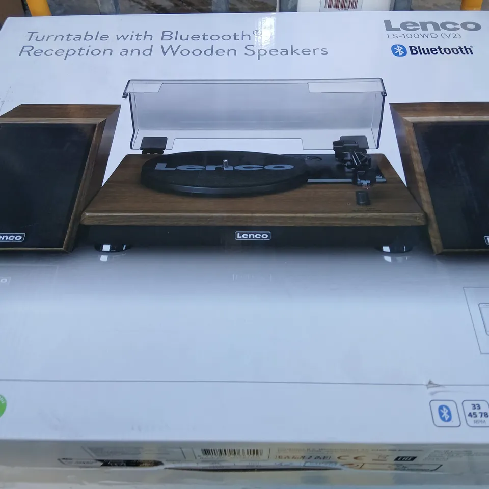 BOXED LENCO LS-100WD TURNTABLE WITH BLUETOOTH RECEPTION AND WOODEN SPEAKERS
