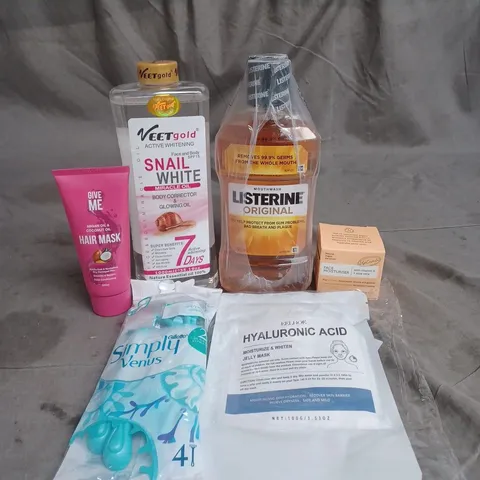 APPROXIMATEY 20 HEALTH AND BEAUTY PRODUCTS TO INCLUDE LISTERINE MOUTHWASH, GIVE ME HAIR MASK AND SIMPLY VENUS RAZORS