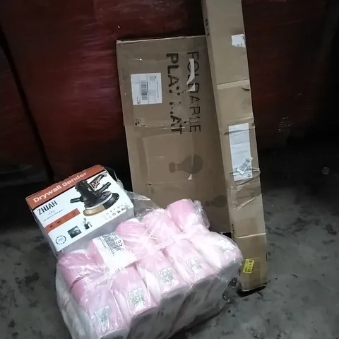 PALLET OF HOUSEHOLD ITEMS TO INCLUDE TENSION ROD,ANDREX TOILET PAPER, DRYWALL SANDER, FOLDABLE PLAY MAT AND OTHER ASSORTED ITEMS...