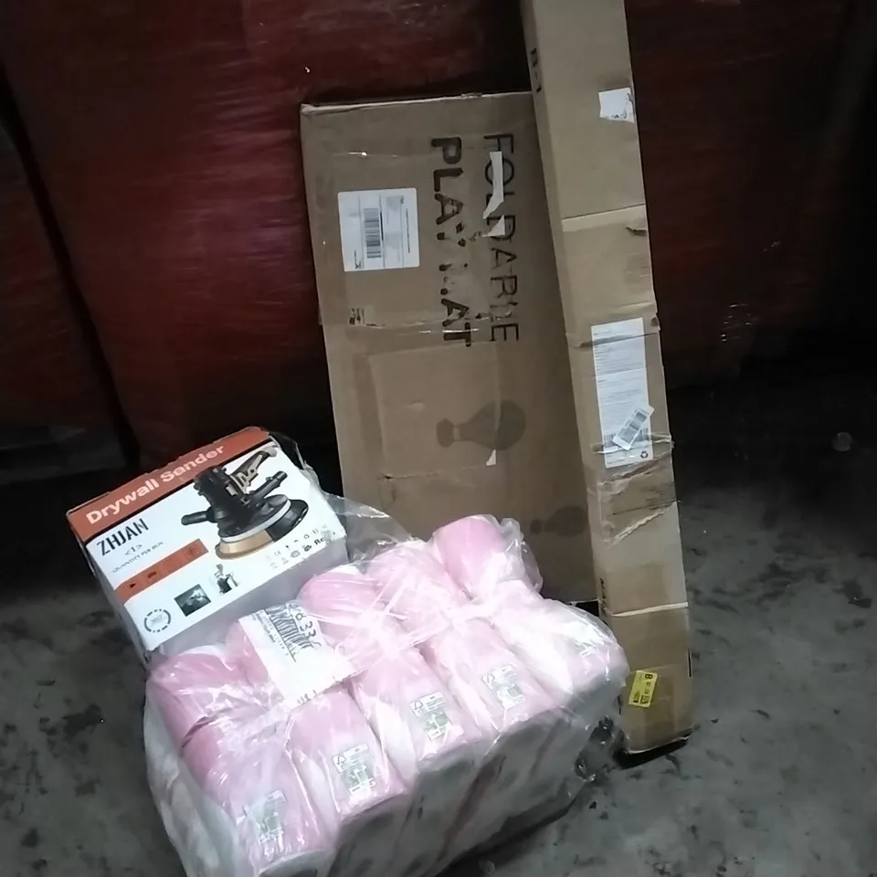 PALLET OF HOUSEHOLD ITEMS TO INCLUDE TENSION ROD,ANDREX TOILET PAPER, DRYWALL SANDER, FOLDABLE PLAY MAT AND OTHER ASSORTED ITEMS...