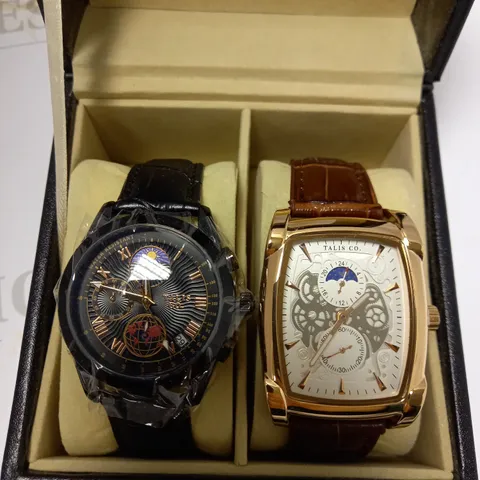 LOT OF 2 TALIS & CO. WATCHES TO INCLUDE TRIPLE DIAL BLACK LEATHER STRAP WATCH & BROWN CROC LEATHER STRAP WATCH