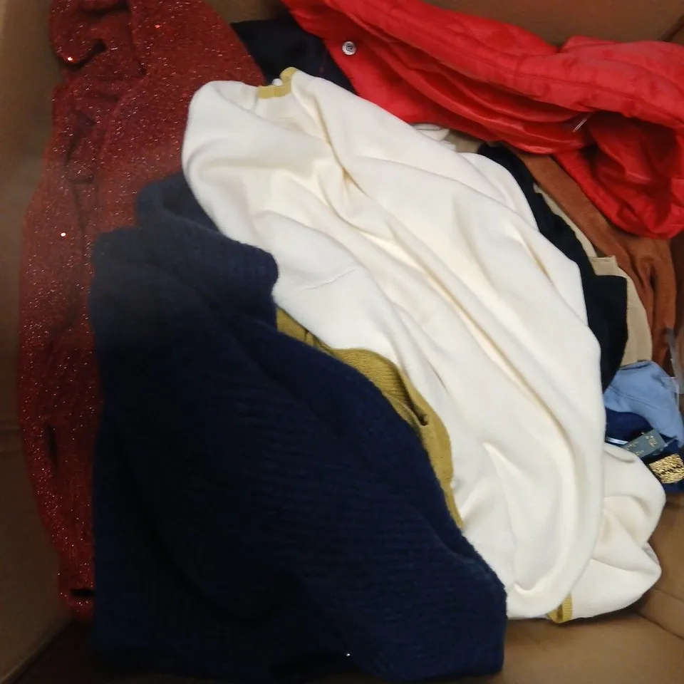 LARGE BOX OF ASSORTED CLOTHING ITEMS IN VARIOUS COLOR, SIZES AND STYLES