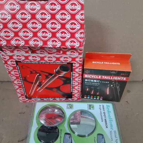 BOX OF ASSORTED CAR ITEMS TO INCLUDE - BIKE TAILLIGHTS - BLIND SPOT MIRRORS- ELRING BOLTS / COLLECTION ONLY