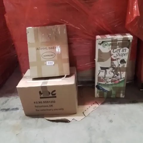 PALLET OF ASSORTED HOUSEHOLD GOODS AND PRODUCTS TO INCLUDE;BED RAIL,FITNESS MACHINE,CAT BASKET 