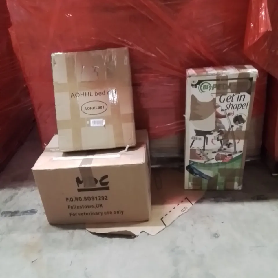 PALLET OF ASSORTED HOUSEHOLD GOODS AND PRODUCTS TO INCLUDE;BED RAIL,FITNESS MACHINE,CAT BASKET 