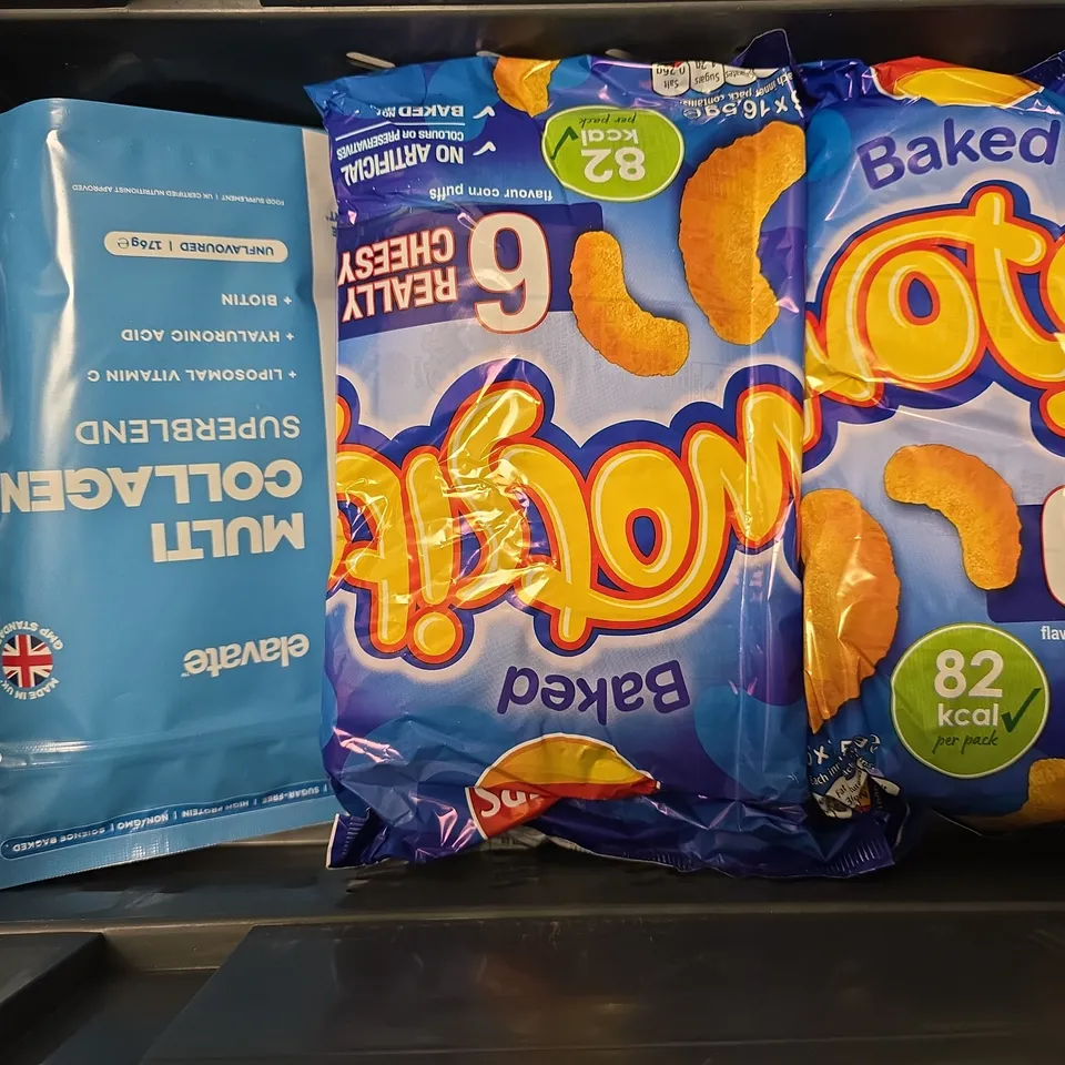 APPROXIMATELY 6 ASSORTED FOOD ITEMS TO INCLUDE - WOTSITS , ELEVATE MULTI COLLAGEN SUPERBLEND 
