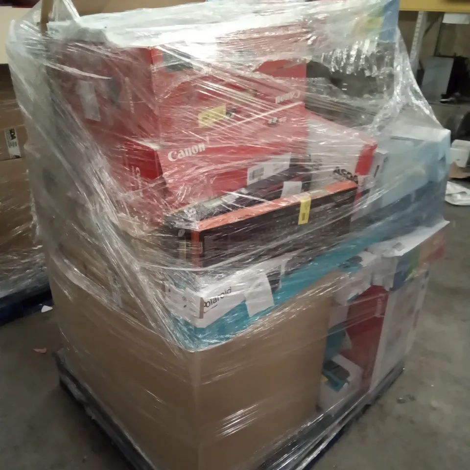PALLET OF ASSORTED ELECTRONICS INCLUDING WIRELESS HEADPHONES, HP DESKJET, ONN CD BOOMBOX, ONN WIRELESS KEYBOARD, CANON PIXMA, SHARP PARTY SPEAKER SYSTEM
