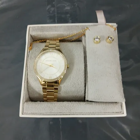 MICHAEL KORS LAURYN THREE-HAND GOLD-TONE STAINLESS STEEL WATCH, EARRINGS AND NECKLACE GIFT SET 