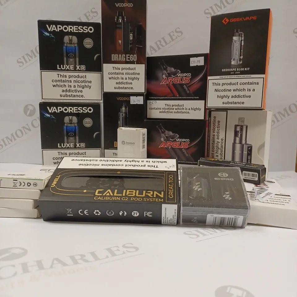 Approximately 20 assorted vaping products and accessories to include VAPORESSO LUXE XR VAPE KIT, GEEKVAPE B100 KIT, INNOKIN ENDURA T18E VAPING SYSTEM, CALIBURN G2 POD SYSTEM, ETC.