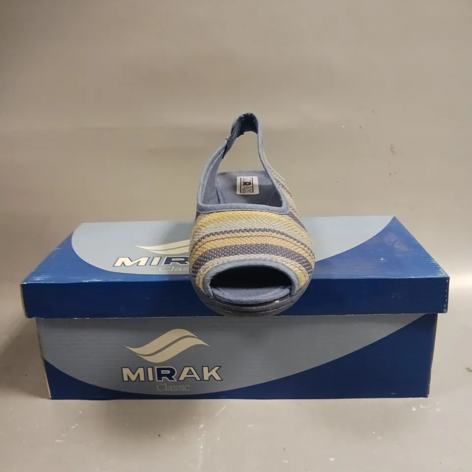BOXED PAIR OF MIRAK CLASSIC OPEN TOE SLIP ON SANDLES IN BLUE - SIZE 6