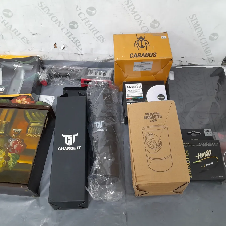 TOTE OF APPROX 10 HOUSEHOLD ITEMS TOO INCLUDE CARABUS XS, CHARGE IT, AND MOSQUITO LAMP ETC. 