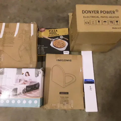 PALLET OF ASSORTED PRODUCTS INCLUDING STOREMIC TOILET SEAT, BOXING SET, TWIN SIZE AIR MATTRESS, ELECTRICAL PATIO HEATER, PIZZA PEEL, 4 PRY BAR SET