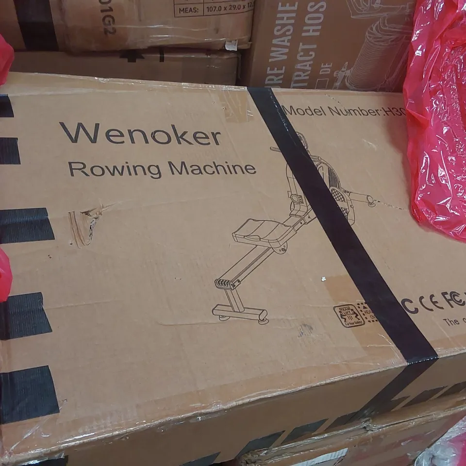 PALLET CONTAINING VARIOUS ASSORTED BOXED HOUSEHOLD ITEMS TO INCLUDE: ROWING MACHINE, 24" FHD MONITOR, PRESSURE WASHER, COOKER HOOD, ELLIPTICAL PEDAL EXERCISER AND LOTS MORE UNMARKED BOXED ITEMS 