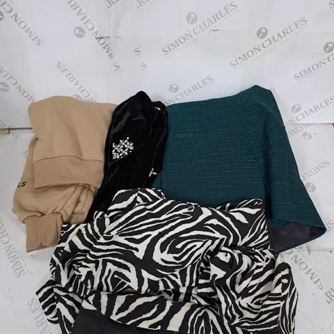 LARGE BOX OF ASSORTED CLOTHING ITEMS IN VARIOUS COLOURS AND SIZES INCLUDING TROUSERS , TOPS AND JUMPERS