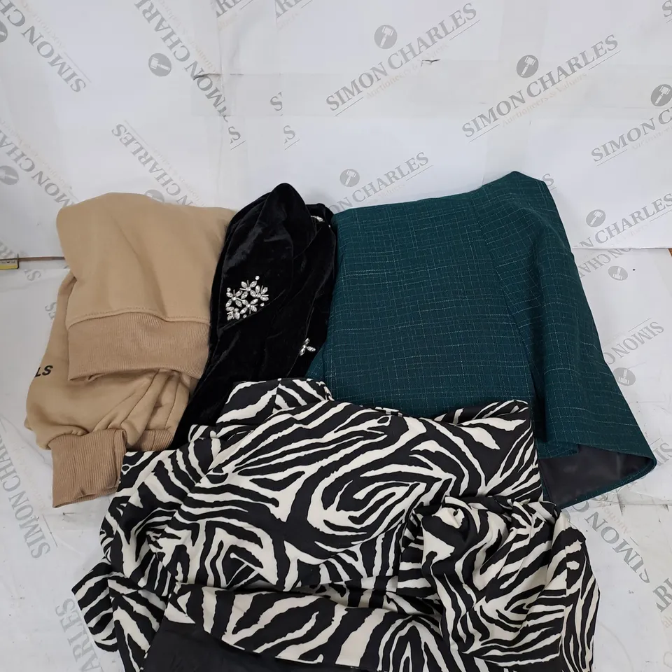 LARGE BOX OF ASSORTED CLOTHING ITEMS IN VARIOUS COLOURS AND SIZES INCLUDING TROUSERS , TOPS AND JUMPERS 