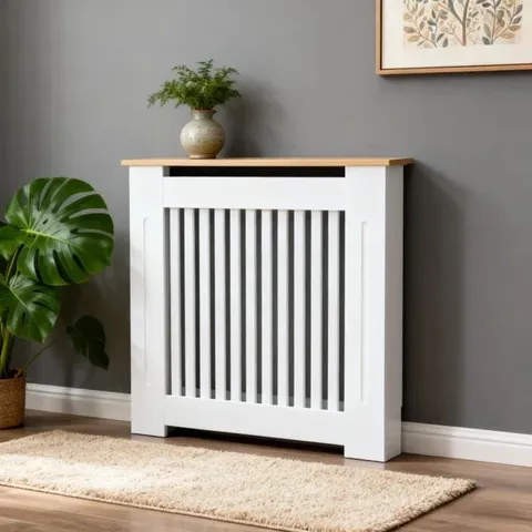 BOXED MODERN SLATTED VERTICAL WHITE RADIATOR COVER WITH WOOD - GRAIN