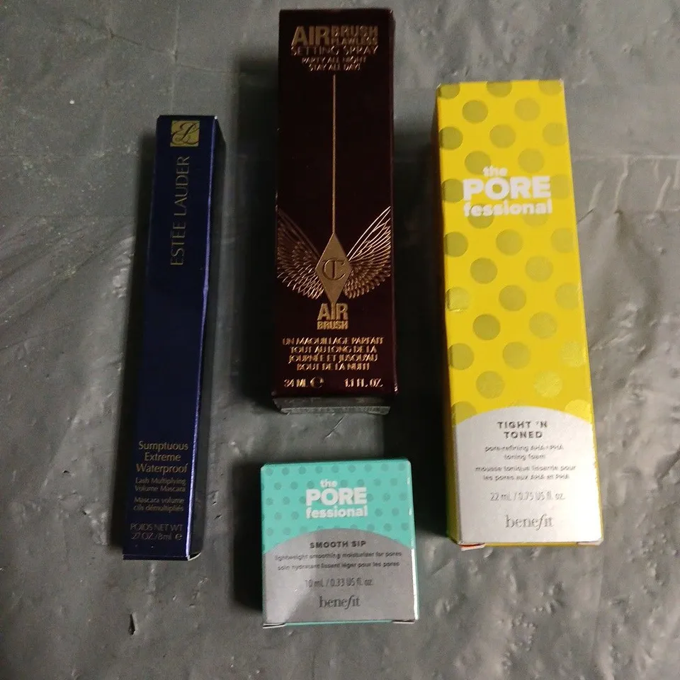 LOT OF 4 ASSORTED COSMETIC PRODUCTS TO INCLUDE BENEFIT POREFESSIONAL PORE-REFINING TONING FOAM, CHARLOTTE TILBURY SETTING SPRAY, ESTEE LAUDER WATERPROOF MASCARA, ETC