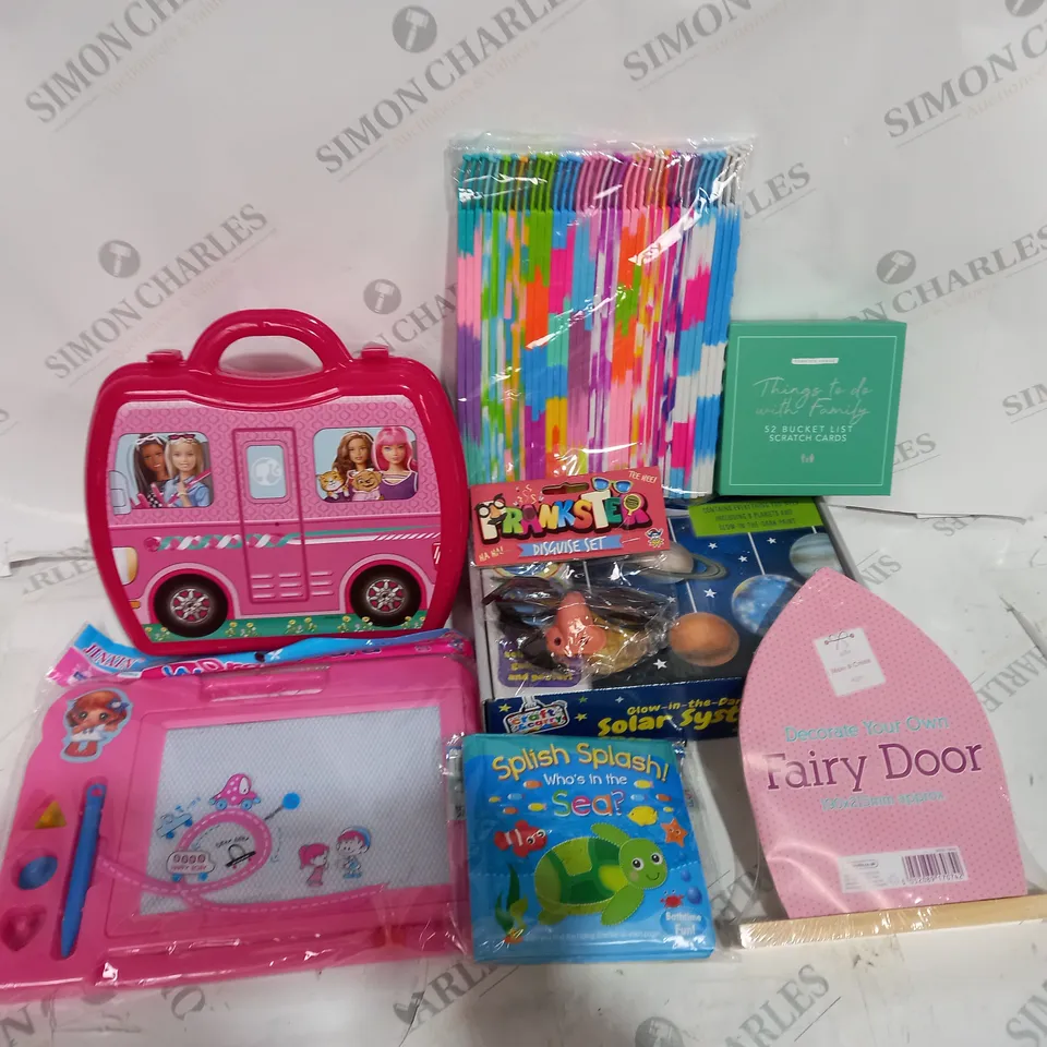 BOX OF ASSORTED TOYS TO INCLUDE BARBIE, PRANKSTER, GLOW UP SOLAR SYSTEM ETC