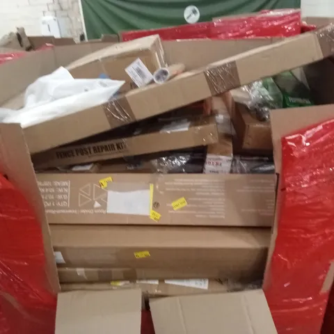 PALLET OF ASSORTED HOUSEHOLD GOODS AND PRODUCTS TO INCLUDE; FENCE POST REPAIR KIT, BOXED FURNITURE ETC