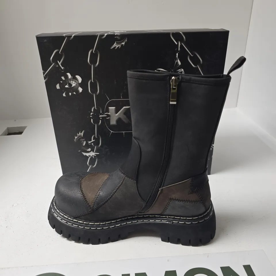 BOXED KOI APOCALYPSE BOOTS – UK 6 – BLACK PATCHWORK LEATHER