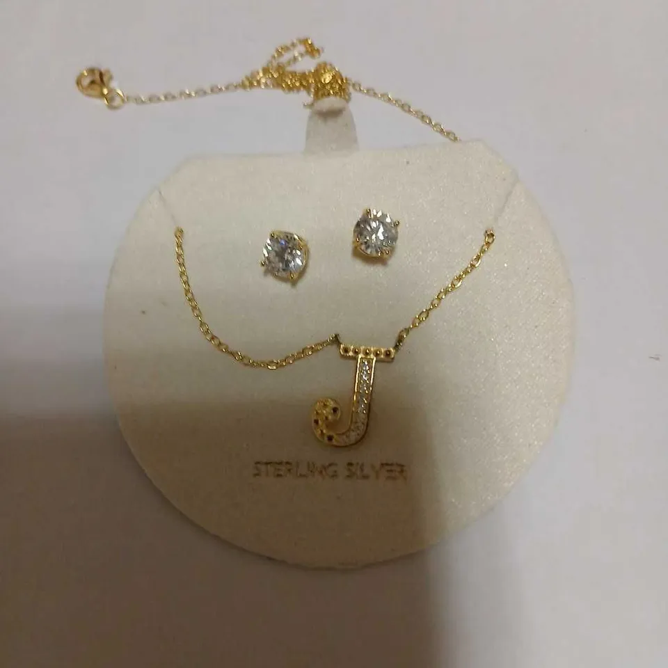 DIAMONIQUE 1.9CT TW INITIAL PENDANT  'J' AND EARRING SET IN BAUBLE STERLING SILVER 