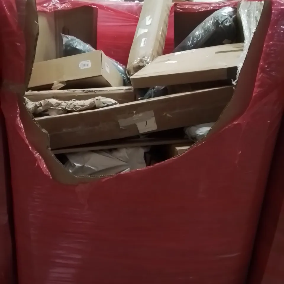 PALLET CONTAINING VARIOUS ASSORTED BOXED HOUSEHOLD ITEMS TO INCLUDE: CARBON FIBRE WALKING POLES, CAMPING EQUIPMENT,  KITCHEN FAUCET SET AND LOTS MORE UNMARKED BOXED ITEMS 