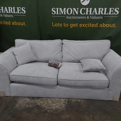 DESIGNER SCROLL ARM THREE SEATER SOFA GREY FABRIC