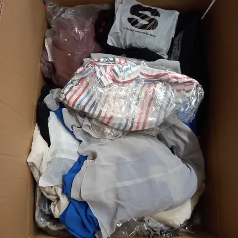 BOX OF ASSORTED CLOTHING ITEMS TOO INCLUDE DRESSES , SHIRTS AND TROUSERS IN VARIOUS SIZES AND COLOURS