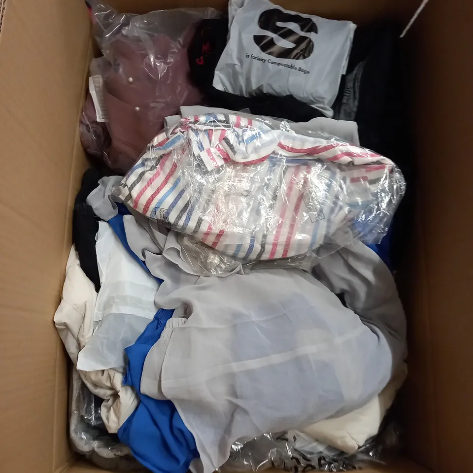 BOX OF ASSORTED CLOTHING ITEMS TOO INCLUDE DRESSES , SHIRTS AND TROUSERS IN VARIOUS SIZES AND COLOURS
