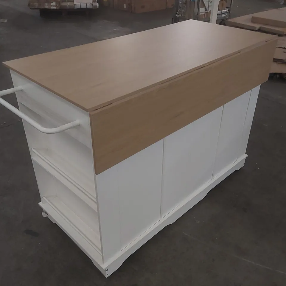 EXPANDABLE KITCHEN ISLAND WITH FOLDABLE SIDES 151.5CM STORAGE CART, TEMPERED GLASS DOORS BASE FINISH: WHITE