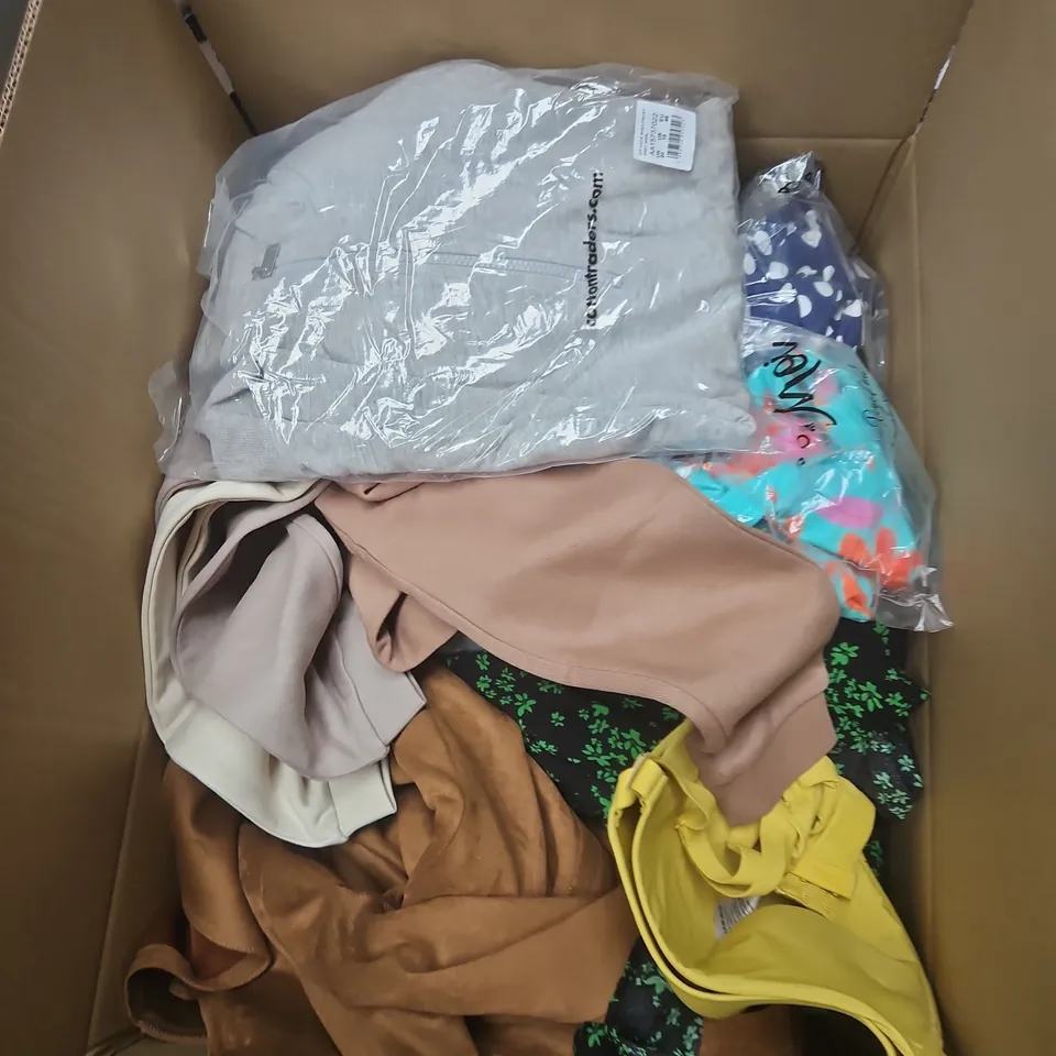 LARGE BOX OF APPROXIMATELY 25 ASSORTED CLOTHING ITEMS IN VARIOUS COLOURS, STYLES AND SIZES - COLLECTION ONLY