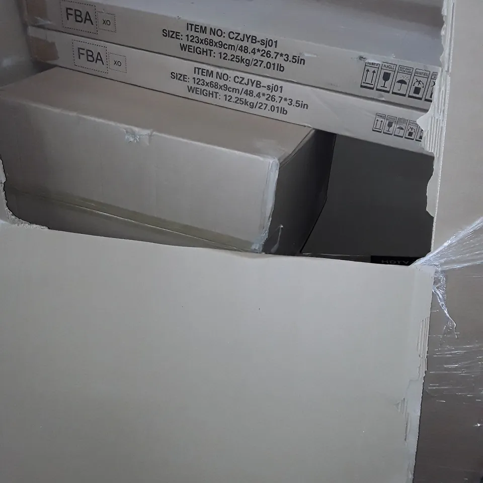 UNPROCESSED PALLET OF ASSORTED ITEMS TO INCLUDE BOXED DESKS, REALLY USEFUL BOX AND WALL MOUNT