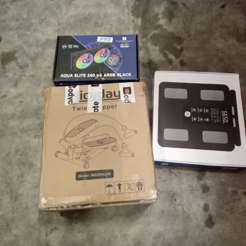 PALLET OF ASSORTED HOUSEHOLD GOODS AND PRODUCTS TO INCLUDE; TWIST STEPPER, BODY FAT SCALE, LADDER ETC