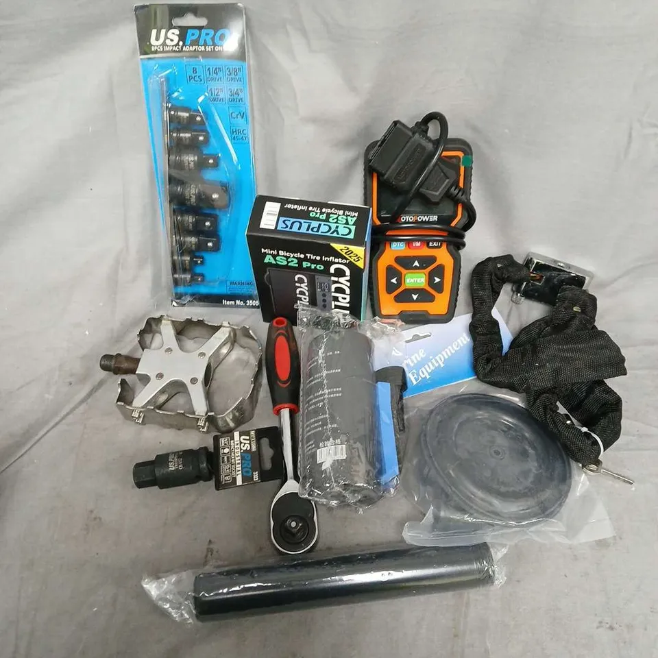 APPROXIMATELY 10 ASSORTED VEHICLE PARTS & ACCESORIES TO INCLUDE 8PCS IMPACT ADAPTOR SET ON RAIL, MINI BICYCLE TIRE INFLATOR, HEX BIT SOCKET, ETC