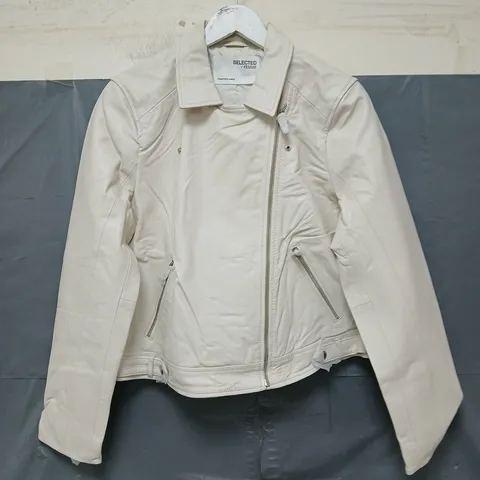 SELECTED FEMME KATIE LEATHER JACKET IN EGRET SIZE 16
