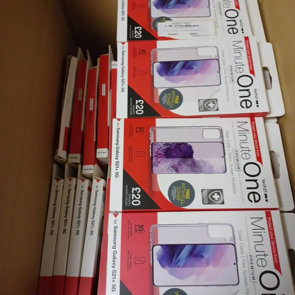 LOT OF APPROX. 96 BRAND NEW TECH21 MINUTE ONE PREMIUM CLEAR CASE FILM SCREEN PROTECTOR WITH 3M MULTIPLE DROP PROTECTION AND TRIPLE LAYER FILM PROTECTION FOR SAMSUNG GALAXY S21+ 5G