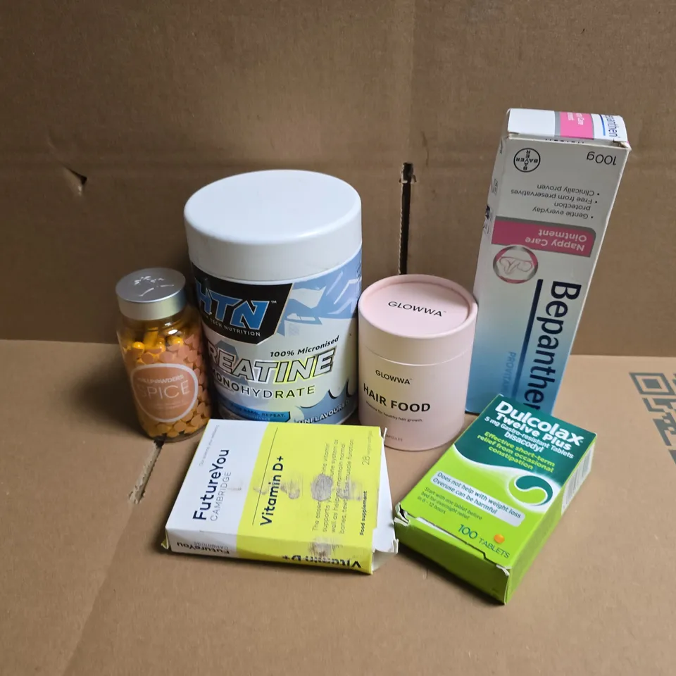 APPROXIMATELY 15 ASSORTED VITAMIN/HEALTH AID PRODUCTS TO INCLUDE HTN CREATINE MONOYDRATE, GLOWWA HAIR FOOD, WILLPOWERS SPICE , ETC - COLLECTION ONLY