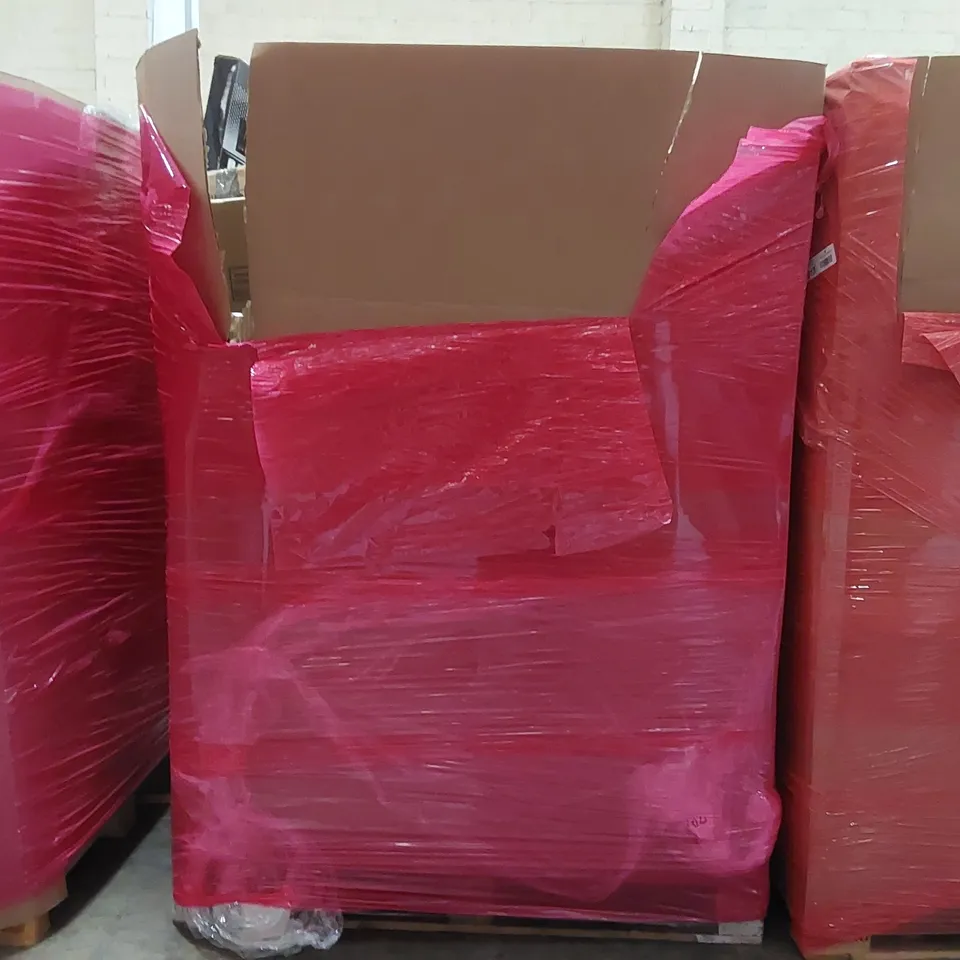 PALLET OF ASSORTED ITEMS INCLUDING: CANOPY TENT, AIR COOLER, TONER CARTRIDGE, RETRACTABLE SAFETY GATE, LED NUMBER CLOCK ECT