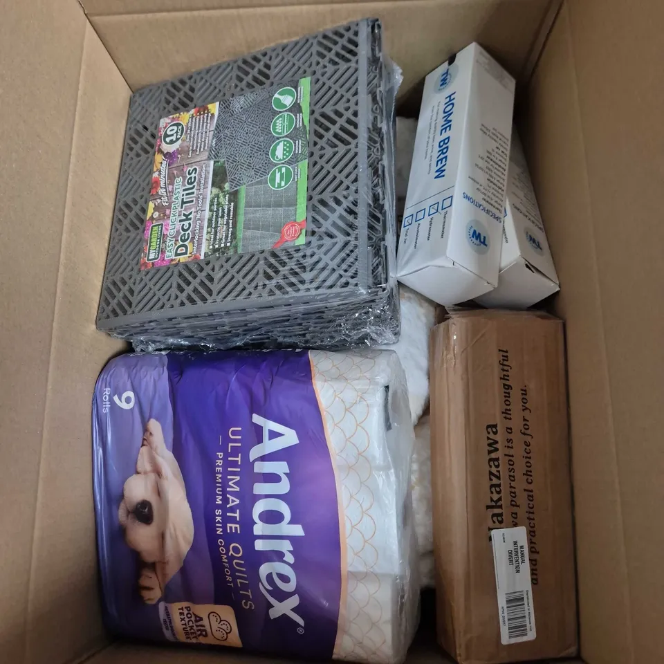 BOX F APPROXIMATELY 10 ASSORTED ITEMS INCLUDING REHMAT COLLECTION CHUNKY RIBBED THROW, ANDREX TOILET ROLL AND THERMOMETER WORLD HYDROMETER AND TRIAL JAR