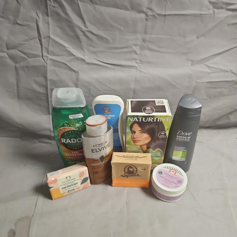 APPROXIMATEY 20 ASSORTED HEALTH AND BEAUTY PRODUCTS TO INCLUDE - DR SQUATCH SOAP - NATURETINT HAIR COLOURANT - L'OREAL ANTI-FALL SHAMPOO - ETC