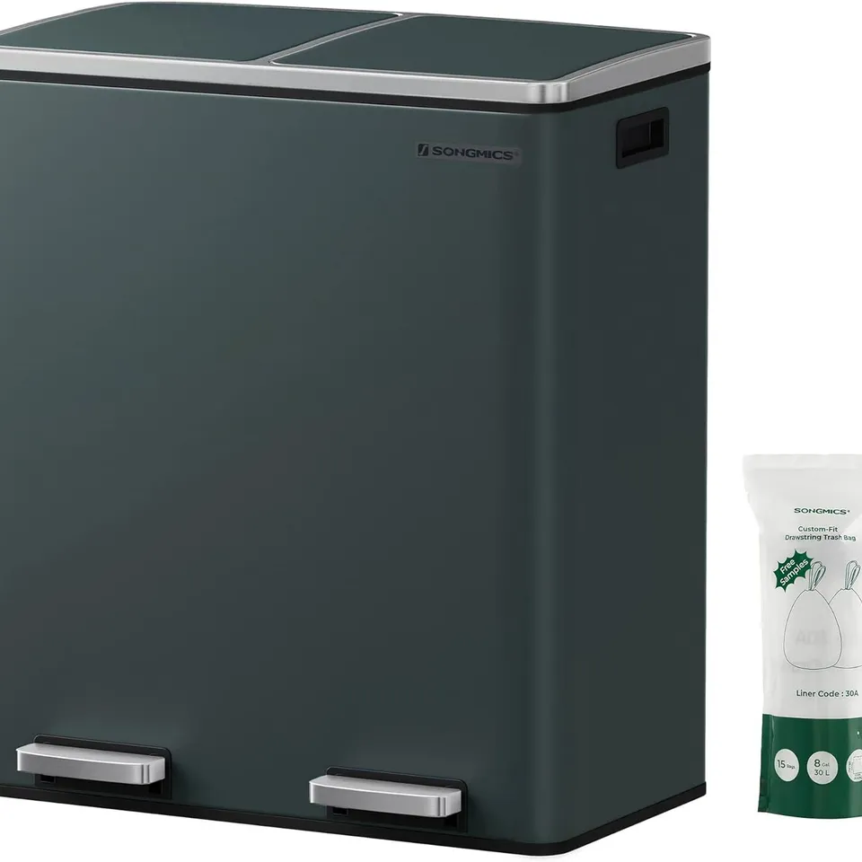 BOXED SONGMICS DUAL RUBBISH BIN, METAL RECYCLING BIN WITH 15 RUBBISH BAGS, 2-COMPARTMENT, WITH LIDS, PEDALS, PLASTIC INNER BUCKETS, SOFT CLOSURE, 2 X 8 GALLONS (2 X 30 L), GREENISH GREY