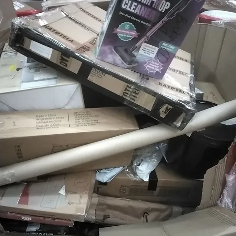 PALLET OF ASSORTED HOUSEHOLD GOODS AND PRODUCTS TO INCLUDE; STEAM MOP, EXTRA TALL GATE, COFFEE MAKER, BOXED FURNITURE ETC